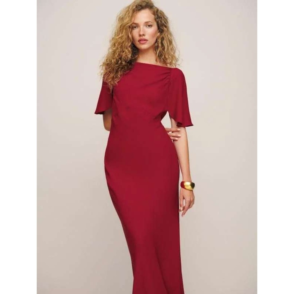 Reformation Lassie Cowl Neck Flutter Sleeve Tie Back Maxi Dress Red Size 10 - Picture 2 of 13